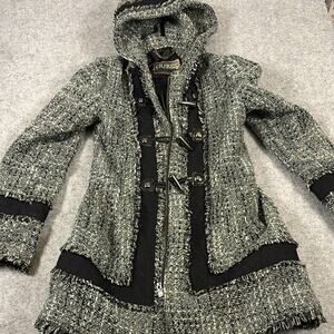 GUESS Hooded tweed Coat Toggle Zip Lined Pockets Gray/Black Women's Size S